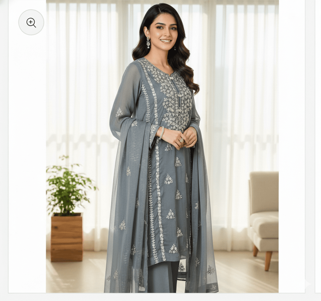 • Clothing: Embroidered/Printed suit for women - Made of best quality fabric - lawn or linen or chiffon - pure silk - Available at Najma Designs & Co. • Jewelry: Gold - plated stud earrings for