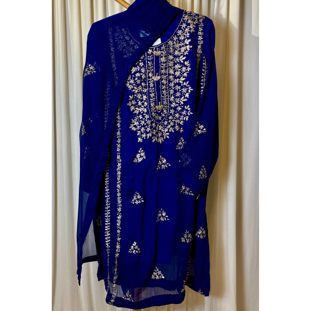 A chiffon fabric blue outfit with hand embroidery. by Najmadesigns and co.