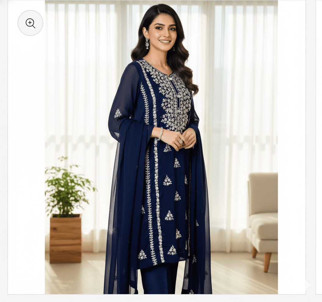 • Clothing: Embroidered/Printed suit for women - Made of best quality fabric - lawn or linen or chiffon - pure silk - Available at Najma Designs & Co. • Jewelry: Gold - plated stud earrings for