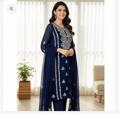 • Clothing: Embroidered/Printed suit for women - Made of best quality fabric - lawn or linen or chiffon - pure silk - Available at Najma Designs & Co. • Jewelry: Gold - plated stud earrings for