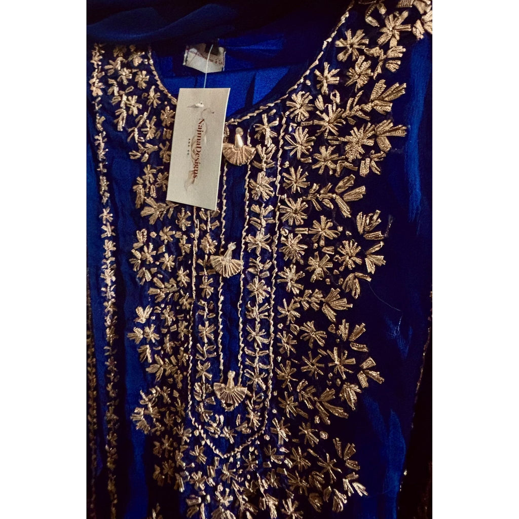 close up of  chiffon fabric blue outfit with hand embroidery. by Najmadesigns and co.
