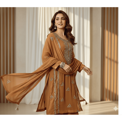 • Clothing: Embroidered/Printed suit for women - Made of best quality fabric - lawn or linen or chiffon - pure silk - Available at Najma Designs & Co. • Jewelry: Gold - plated stud earrings for