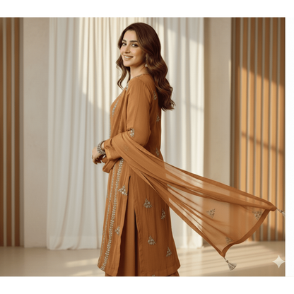 • Clothing: Embroidered/Printed suit for women - Made of best quality fabric - lawn or linen or chiffon - pure silk - Available at Najma Designs & Co. • Jewelry: Gold - plated stud earrings for