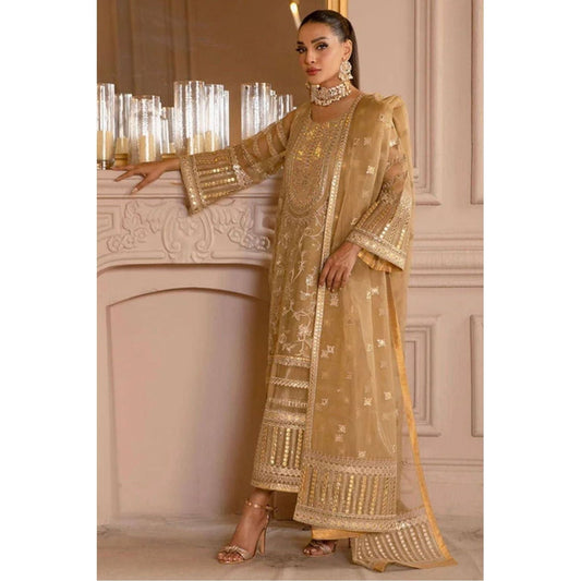 Elegant Gold Organza 3-Piece Festive Wear, Featuring Embroidered Top, Bottom, and Dupatta, Heavily Embroidered Neckline with Sequins, Tilla, and Dhaga, Delicate Floral Motif and Embroidery on Sleeves, Panels, and Hemline, Perfect for Weddings and Special Occasions, Stitched and Unique with a Touch of Sparkle Golden touch