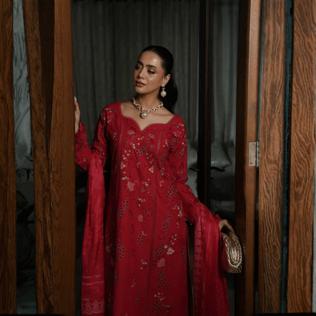 • Clothing: Embroidered/Printed suit for women - Made of best quality fabric - lawn or linen or chiffon- pure silk - Available at Najma Designs & Co. • Jewelry: Gold-plated stud earrings for