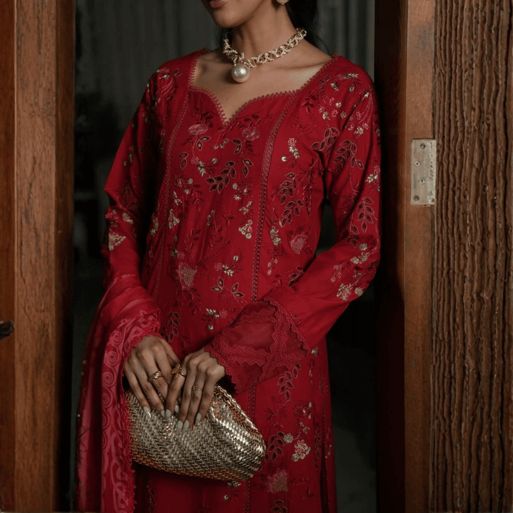 • Clothing: Embroidered/Printed suit for women - Made of best quality fabric - lawn or linen or chiffon- pure silk - Available at Najma Designs & Co. • Jewelry: Gold-plated stud earrings for