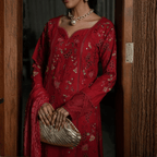 • Clothing: Embroidered/Printed suit for women - Made of best quality fabric - lawn or linen or chiffon- pure silk - Available at Najma Designs & Co. • Jewelry: Gold-plated stud earrings for