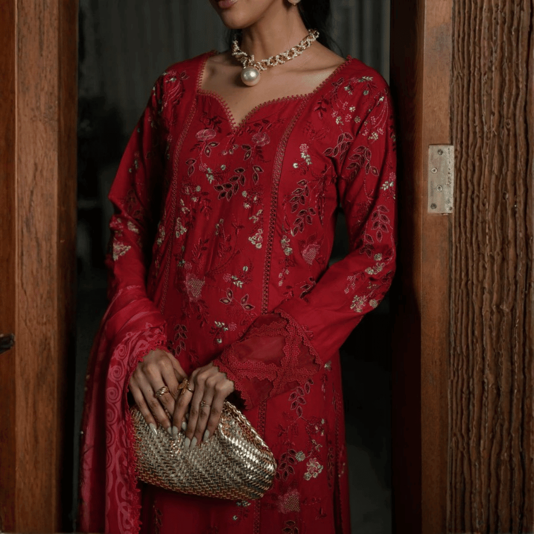• Clothing: Embroidered/Printed suit for women - Made of best quality fabric - lawn or linen or chiffon- pure silk - Available at Najma Designs & Co. • Jewelry: Gold-plated stud earrings for