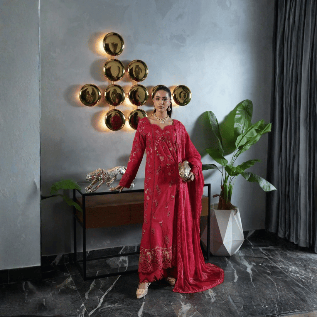 • Clothing: Embroidered/Printed suit for women - Made of best quality fabric - lawn or linen or chiffon- pure silk - Available at Najma Designs & Co. • Jewelry: Gold-plated stud earrings for