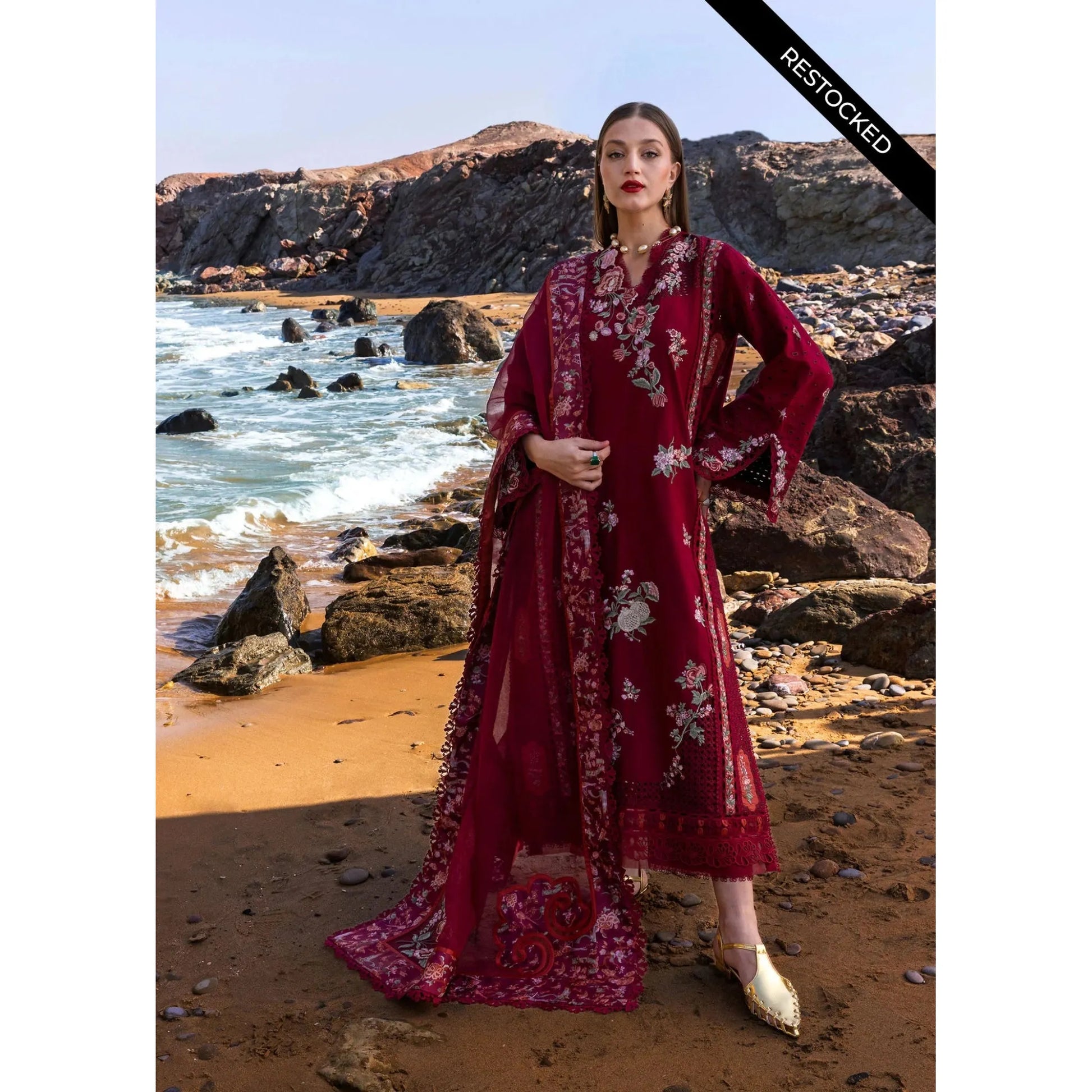 • Clothing: Embroidered/Printed suit for women - Made of best quality fabric - lawn or linen or chiffon - pure silk - Available at Najma Designs & Co. • Jewelry: Gold - plated stud earrings for