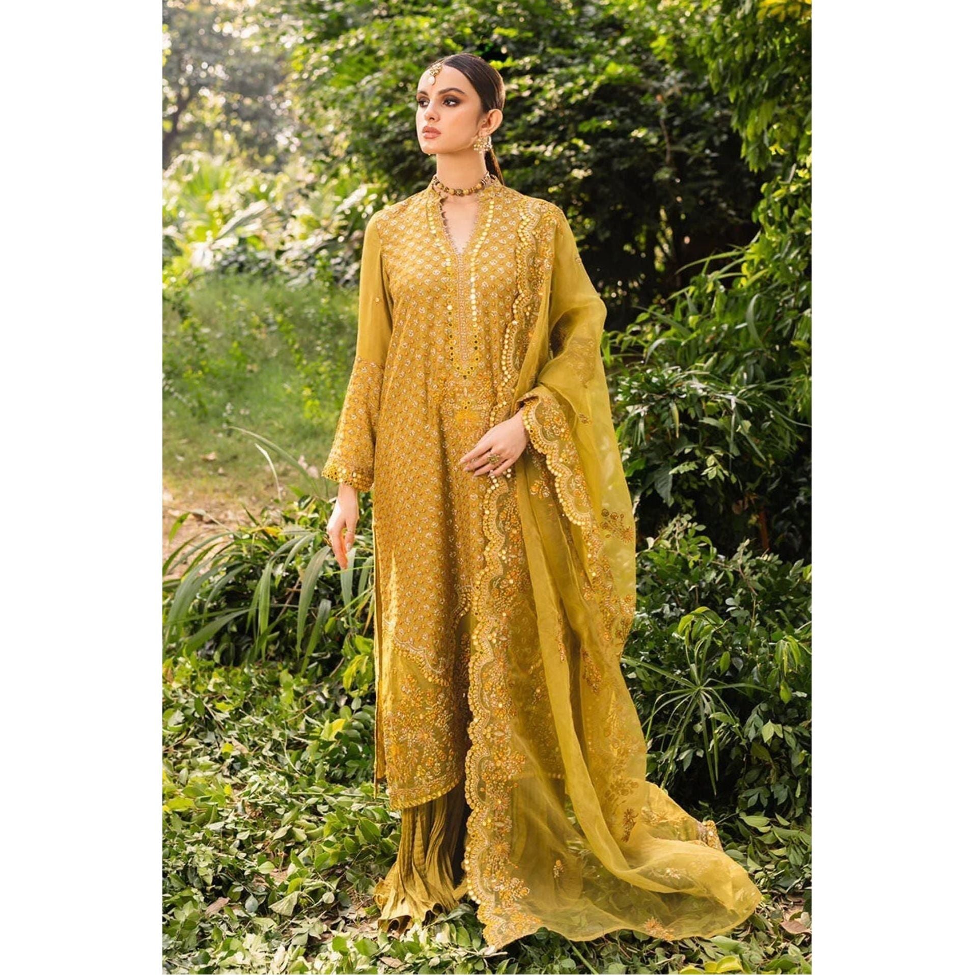 Stitched Yellow-Green Silk Embroidered Shirt with Raw Silk Trouser and Organza Embroidered Dupatta, Perfect for Fall/Winter Wear, Detailed Embroidery on Front, Back, Sleeves, and Hems, Traditional Pakistani Dress, Elegant and Timeless Pakistani Bridal or Festive Outfit, Dyed Cotton Inner, Perfect for Special Occasions
