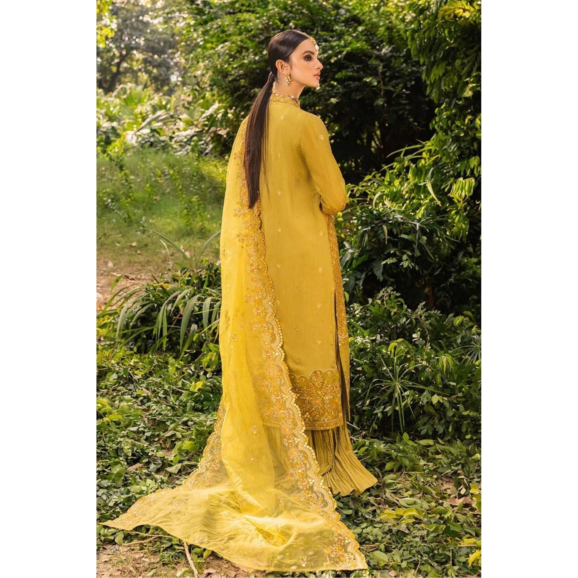Stitched Yellow-Green Silk Embroidered Shirt with Raw Silk Trouser and Organza Embroidered Dupatta, Perfect for Fall/Winter Wear, Detailed Embroidery on Front, Back, Sleeves, and Hems, Traditional Pakistani Dress, Elegant and Timeless Pakistani Bridal or Festive Outfit, Dyed Cotton Inner, Perfect for Special Occasions