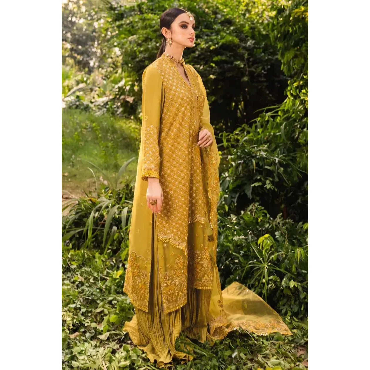 Stitched Yellow-Green Silk Embroidered Shirt with Raw Silk Trouser and Organza Embroidered Dupatta, Perfect for Fall/Winter Wear, Detailed Embroidery on Front, Back, Sleeves, and Hems, Traditional Pakistani Dress, Elegant and Timeless Pakistani Bridal or Festive Outfit, Dyed Cotton Inner, Perfect for Special Occasions