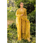 Stitched Yellow-Green Silk Embroidered Shirt with Raw Silk Trouser and Organza Embroidered Dupatta, Perfect for Fall/Winter Wear, Detailed Embroidery on Front, Back, Sleeves, and Hems, Traditional Pakistani Dress, Elegant and Timeless Pakistani Bridal or Festive Outfit, Dyed Cotton Inner, Perfect for Special Occasions