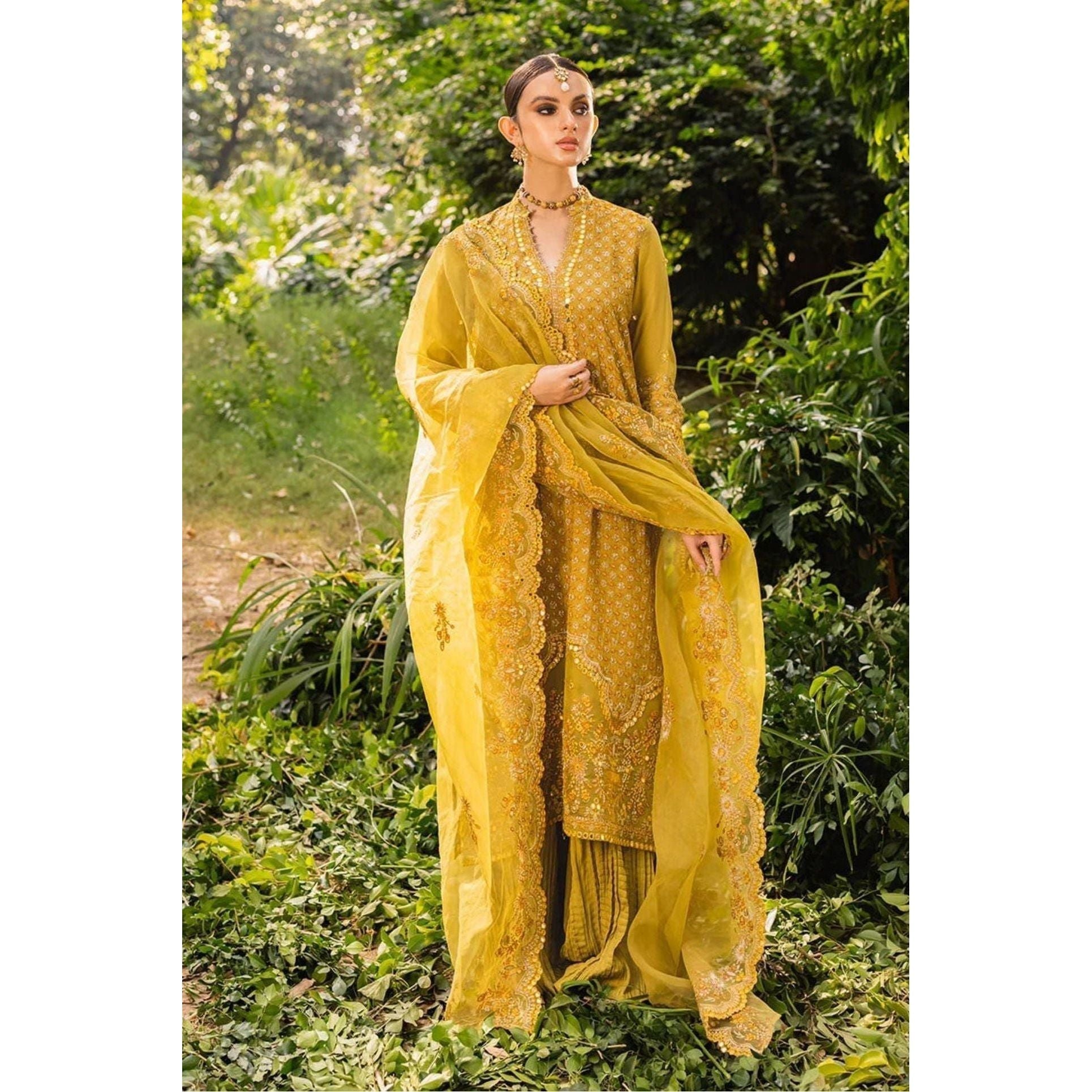 Stitched Yellow-Green Silk Embroidered Shirt with Raw Silk Trouser and Organza Embroidered Dupatta, Perfect for Fall/Winter Wear, Detailed Embroidery on Front, Back, Sleeves, and Hems, Traditional Pakistani Dress, Elegant and Timeless Pakistani Bridal or Festive Outfit, Dyed Cotton Inner, Perfect for Special Occasions