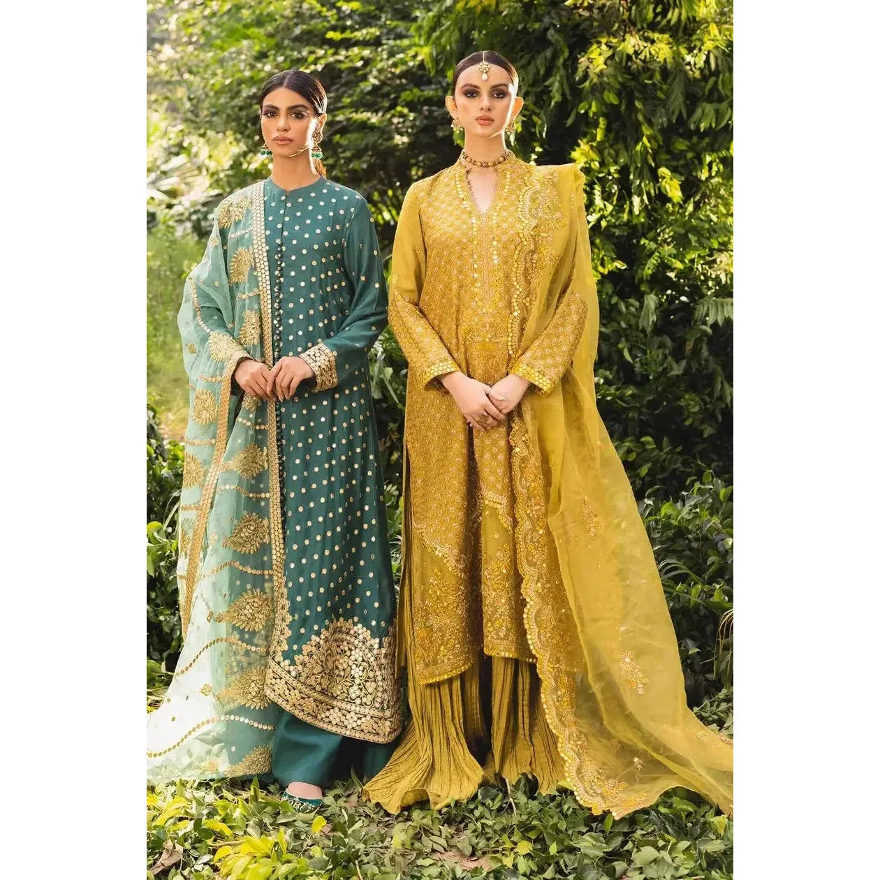Stitched Yellow-Green Silk Embroidered Shirt with Raw Silk Trouser and Organza Embroidered Dupatta, Perfect for Fall/Winter Wear, Detailed Embroidery on Front, Back, Sleeves, and Hems, Traditional Pakistani Dress, Elegant and Timeless Pakistani Bridal or Festive Outfit, Dyed Cotton Inner, Perfect for Special Occasions