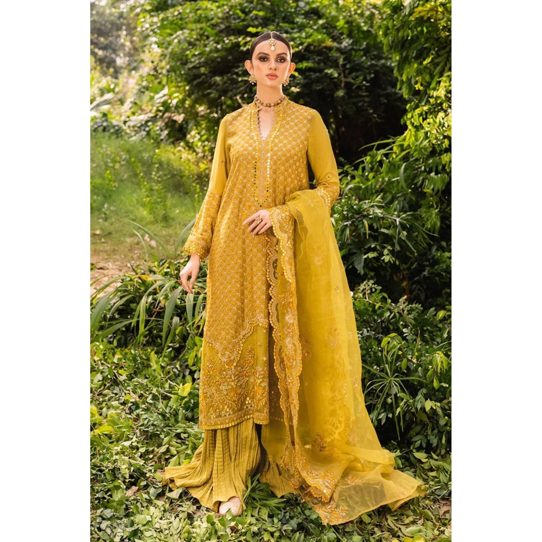 Stitched Yellow-Green Silk Embroidered Shirt with Raw Silk Trouser and Organza Embroidered Dupatta, Perfect for Fall/Winter Wear, Detailed Embroidery on Front, Back, Sleeves, and Hems, Traditional Pakistani Dress, Elegant and Timeless Pakistani Bridal or Festive Outfit, Dyed Cotton Inner, Perfect for Special Occasions