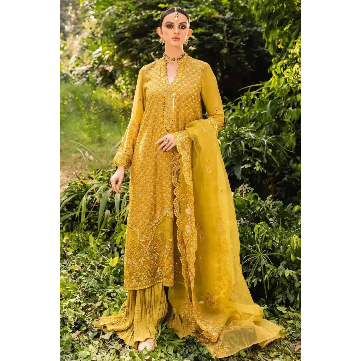 Stitched Yellow-Green Silk Embroidered Shirt with Raw Silk Trouser and Organza Embroidered Dupatta, Perfect for Fall/Winter Wear, Detailed Embroidery on Front, Back, Sleeves, and Hems, Traditional Pakistani Dress, Elegant and Timeless Pakistani Bridal or Festive Outfit, Dyed Cotton Inner, Perfect for Special Occasions