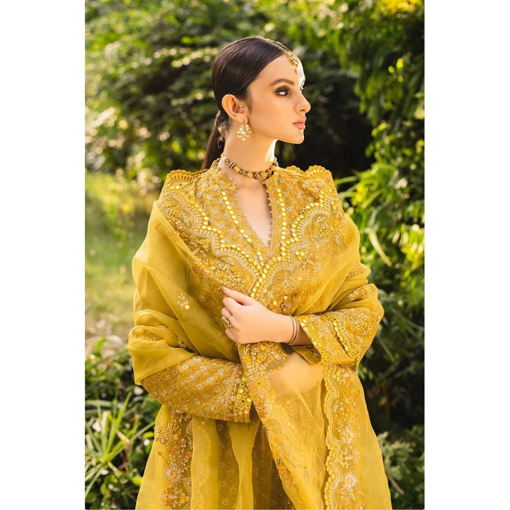 Stitched Yellow-Green Silk Embroidered Shirt with Raw Silk Trouser and Organza Embroidered Dupatta, Perfect for Fall/Winter Wear, Detailed Embroidery on Front, Back, Sleeves, and Hems, Traditional Pakistani Dress, Elegant and Timeless Pakistani Bridal or Festive Outfit, Dyed Cotton Inner, Perfect for Special Occasions
