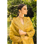Stitched Yellow-Green Silk Embroidered Shirt with Raw Silk Trouser and Organza Embroidered Dupatta, Perfect for Fall/Winter Wear, Detailed Embroidery on Front, Back, Sleeves, and Hems, Traditional Pakistani Dress, Elegant and Timeless Pakistani Bridal or Festive Outfit, Dyed Cotton Inner, Perfect for Special Occasions