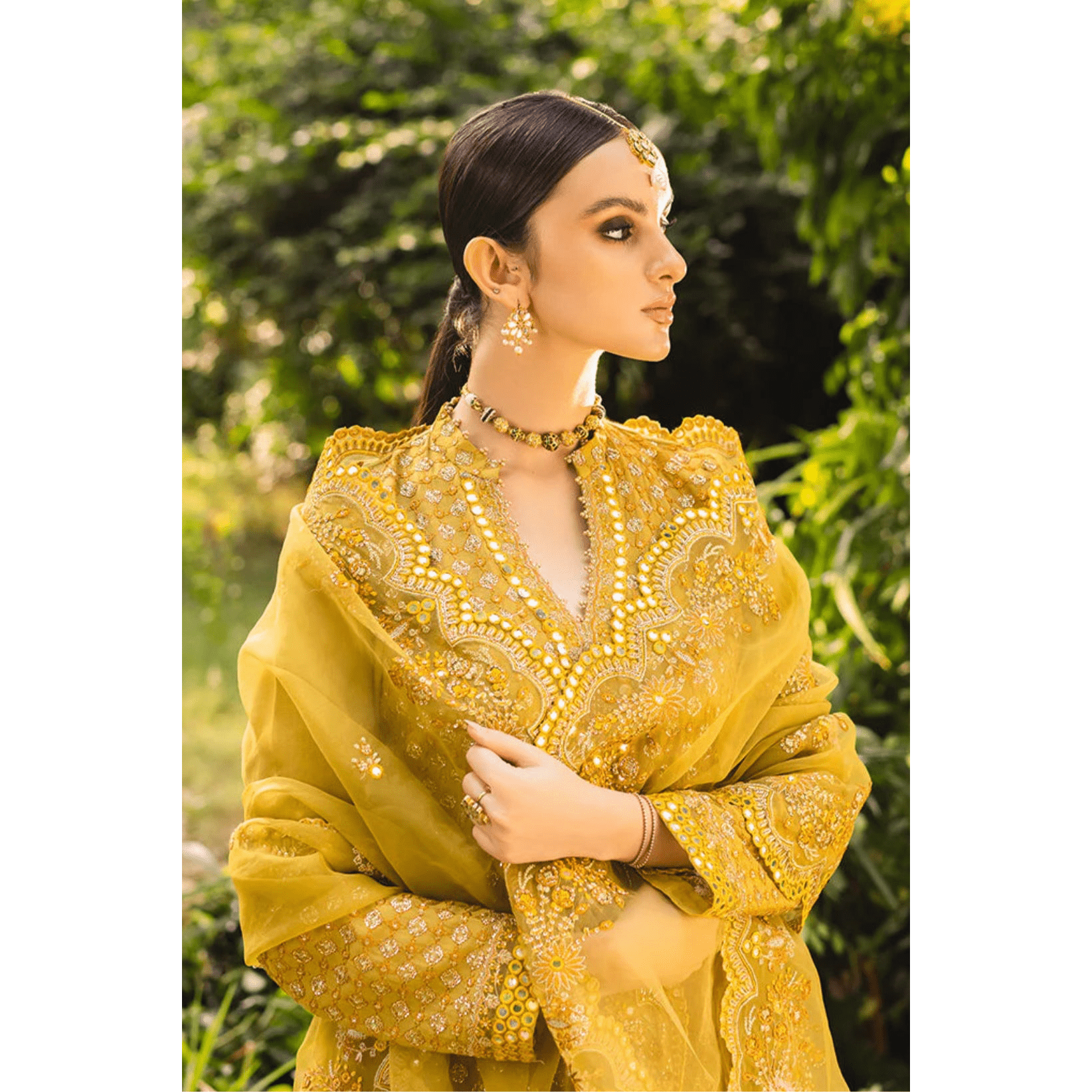Stitched Yellow-Green Silk Embroidered Shirt with Raw Silk Trouser and Organza Embroidered Dupatta, Perfect for Fall/Winter Wear, Detailed Embroidery on Front, Back, Sleeves, and Hems, Traditional Pakistani Dress, Elegant and Timeless Pakistani Bridal or Festive Outfit, Dyed Cotton Inner, Perfect for Special Occasions
