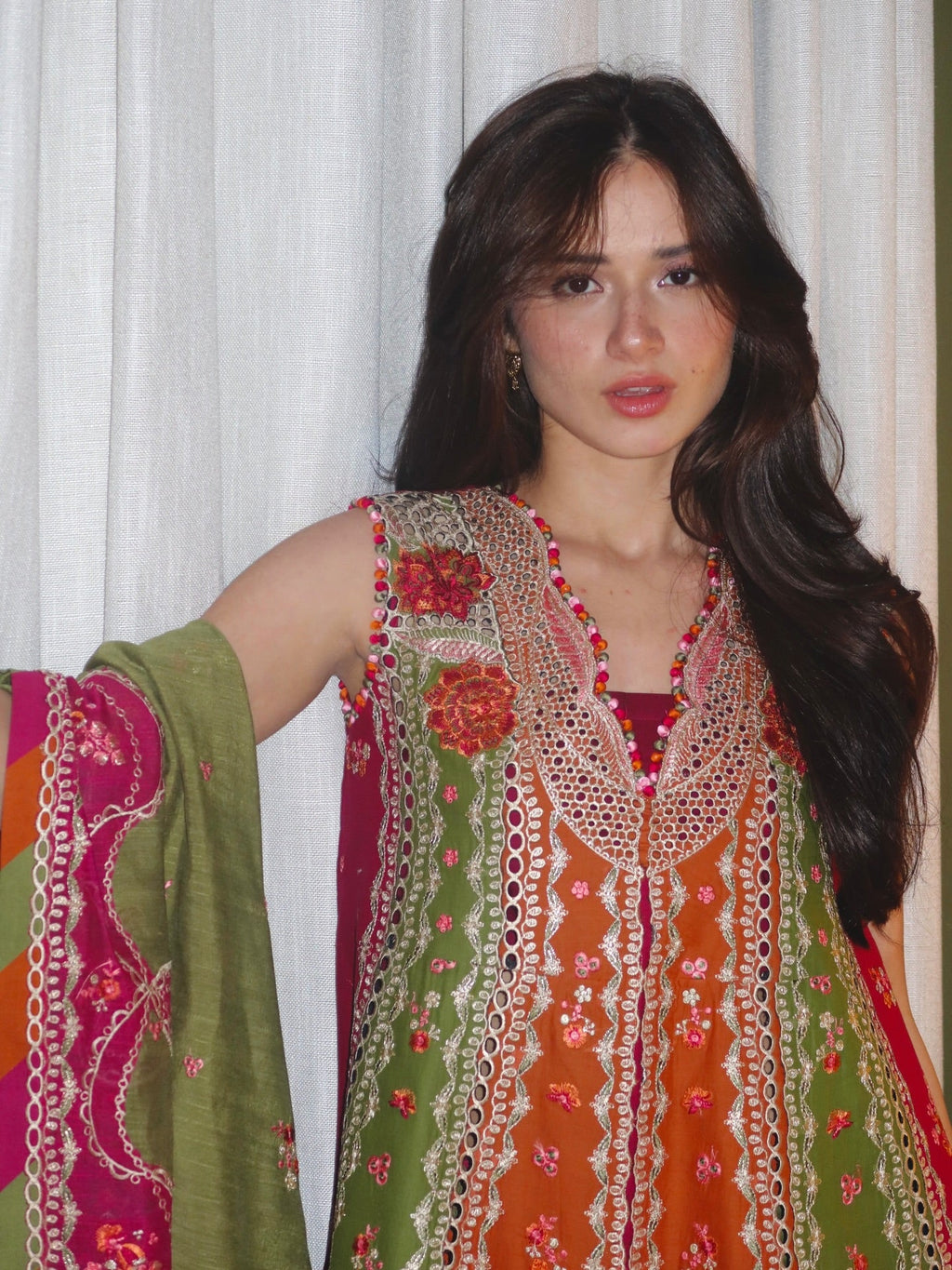 • Clothing: Embroidered/Printed suit for women - Made of best quality fabric - lawn or linen or chiffon - pure silk - Available at Najma Designs & Co. • Jewelry: Gold - plated stud earrings for