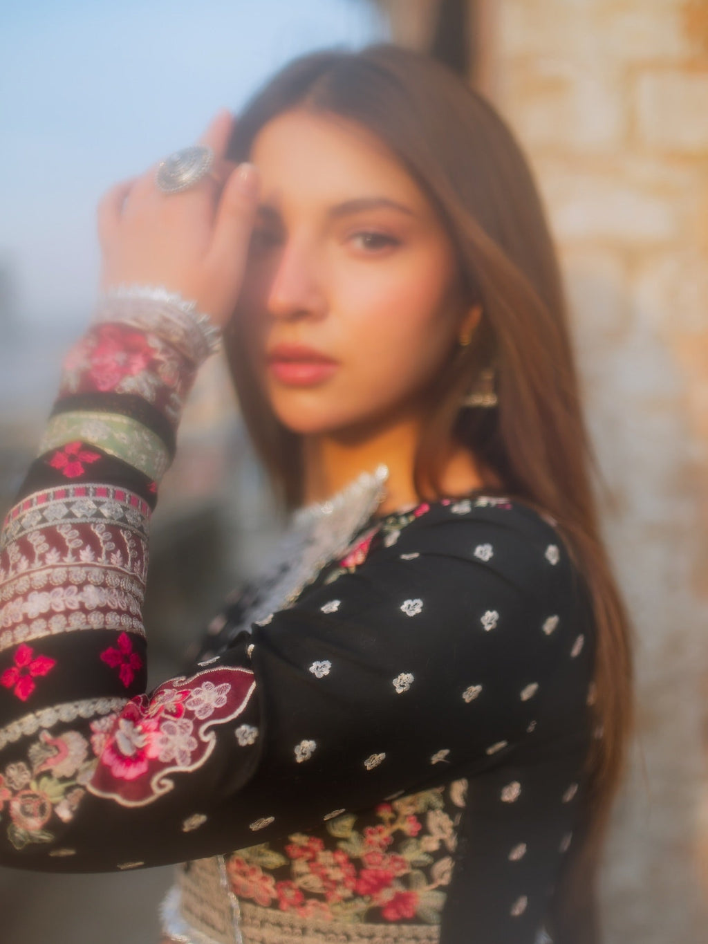 • Clothing: Embroidered/Printed suit for women - Made of best quality fabric - lawn or linen or chiffon - pure silk - Available at Najma Designs & Co. • Jewelry: Gold - plated stud earrings for