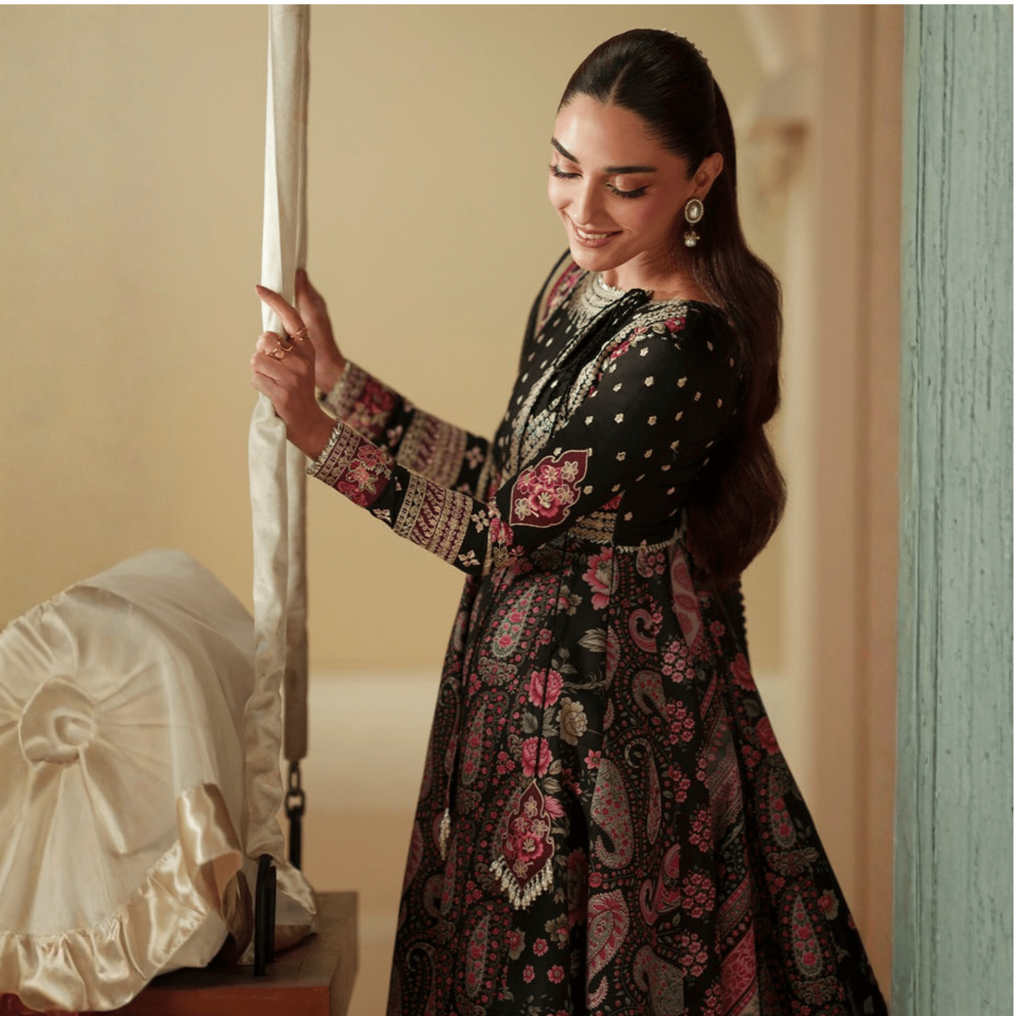 • Clothing: Embroidered/Printed suit for women - Made of best quality fabric - lawn or linen or chiffon - pure silk - Available at Najma Designs & Co. • Jewelry: Gold - plated stud earrings for