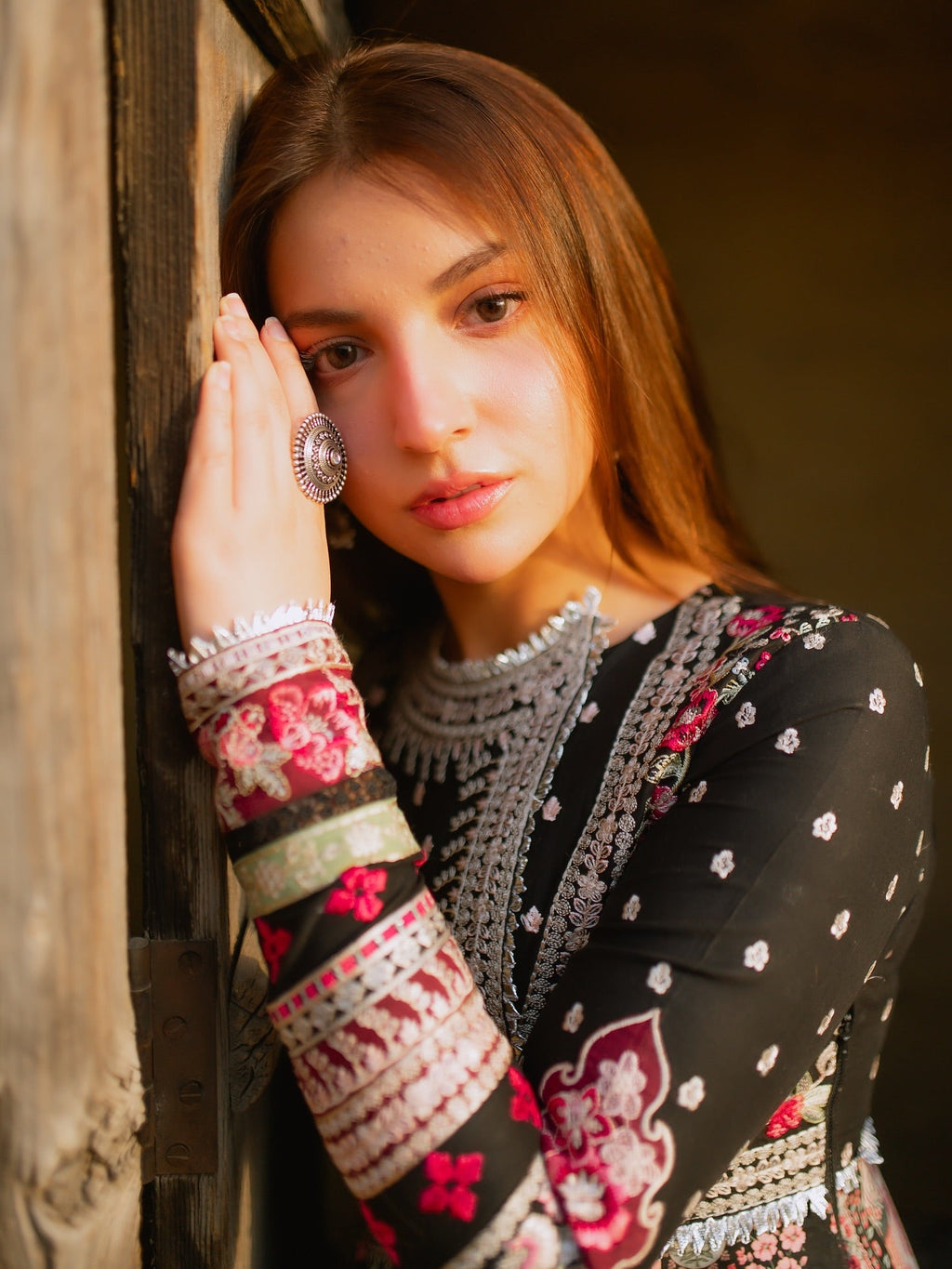 • Clothing: Embroidered/Printed suit for women - Made of best quality fabric - lawn or linen or chiffon - pure silk - Available at Najma Designs & Co. • Jewelry: Gold - plated stud earrings for