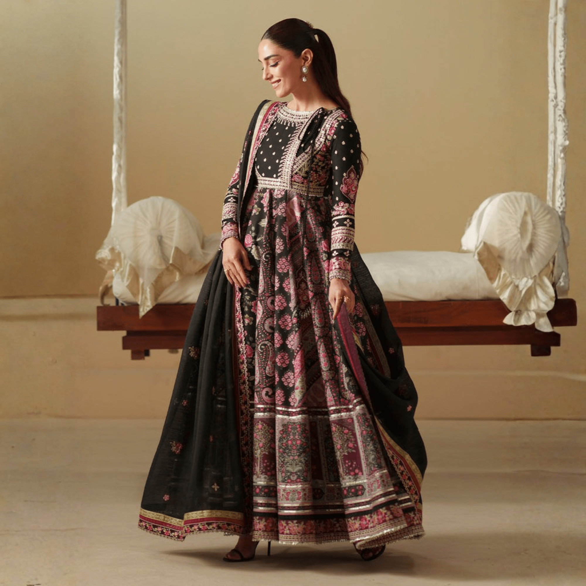 • Clothing: Embroidered/Printed suit for women - Made of best quality fabric - lawn or linen or chiffon - pure silk - Available at Najma Designs & Co. • Jewelry: Gold - plated stud earrings for