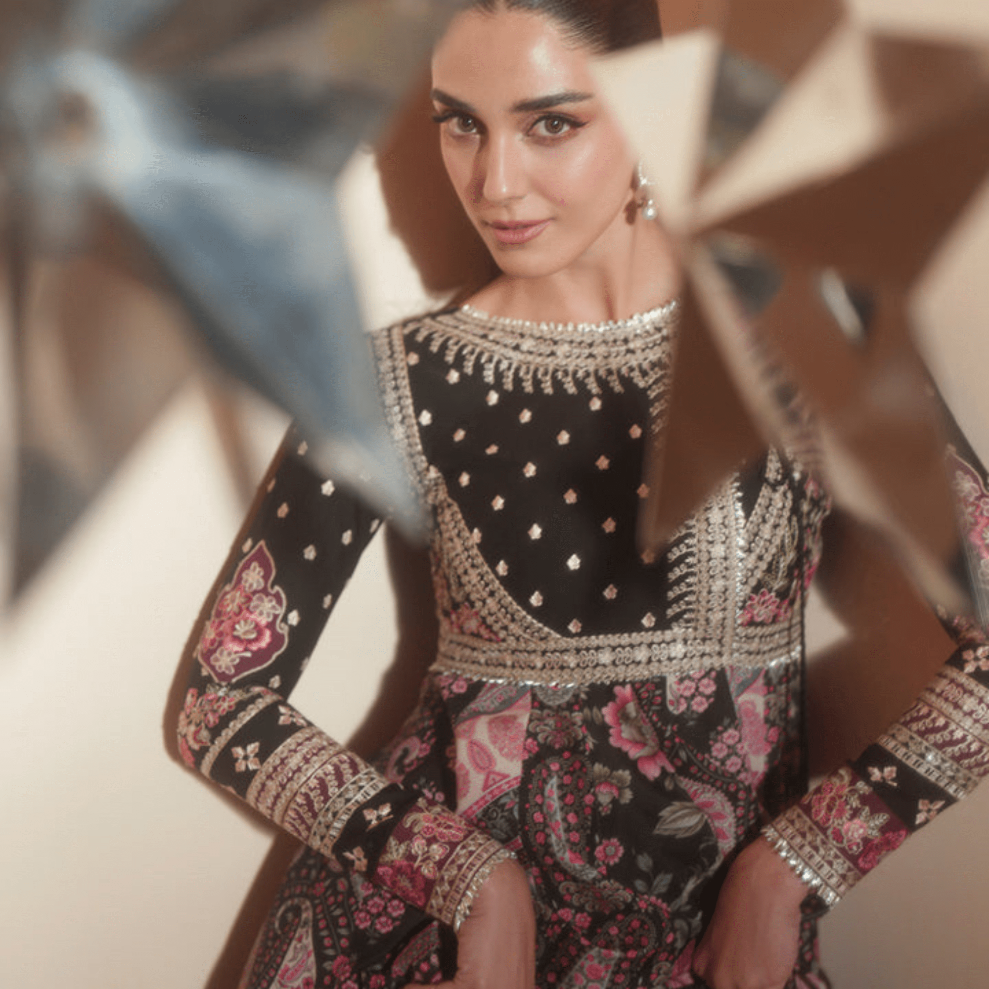 • Clothing: Embroidered/Printed suit for women - Made of best quality fabric - lawn or linen or chiffon - pure silk - Available at Najma Designs & Co. • Jewelry: Gold - plated stud earrings for