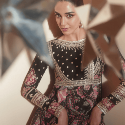 • Clothing: Embroidered/Printed suit for women - Made of best quality fabric - lawn or linen or chiffon - pure silk - Available at Najma Designs & Co. • Jewelry: Gold - plated stud earrings for
