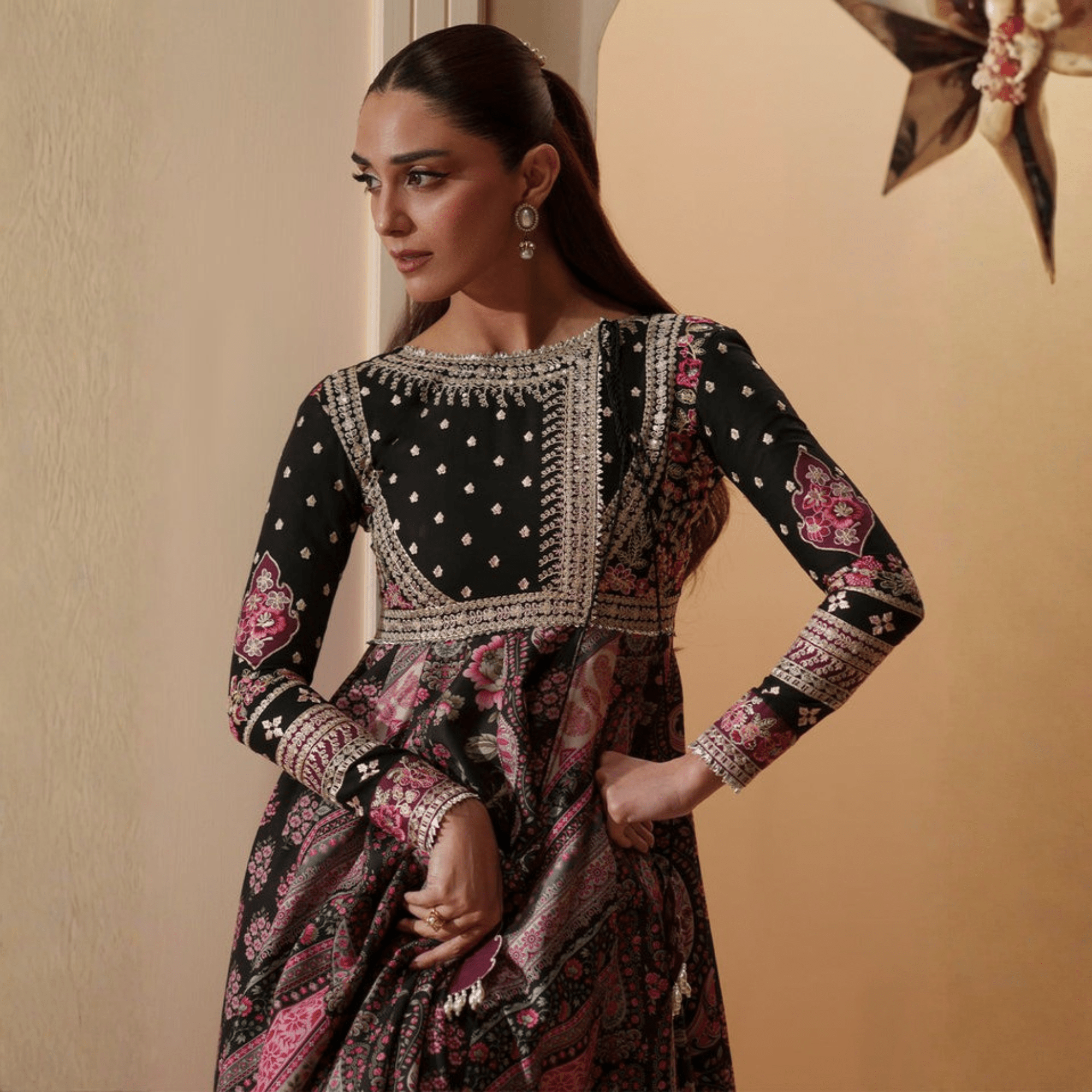 • Clothing: Embroidered/Printed suit for women - Made of best quality fabric - lawn or linen or chiffon - pure silk - Available at Najma Designs & Co. • Jewelry: Gold - plated stud earrings for