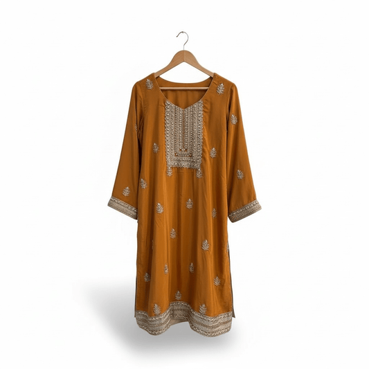 • Clothing: Embroidered/Printed suit for women - Made of best quality fabric - lawn or linen or chiffon - pure silk - Available at Najma Designs & Co. • Jewelry: Gold - plated stud earrings for