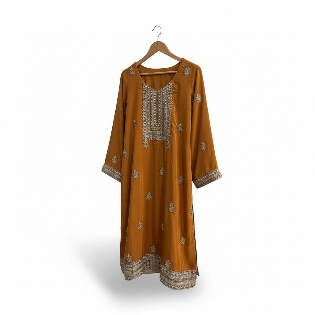 • Clothing: Embroidered/Printed suit for women - Made of best quality fabric - lawn or linen or chiffon - pure silk - Available at Najma Designs & Co. • Jewelry: Gold - plated stud earrings for