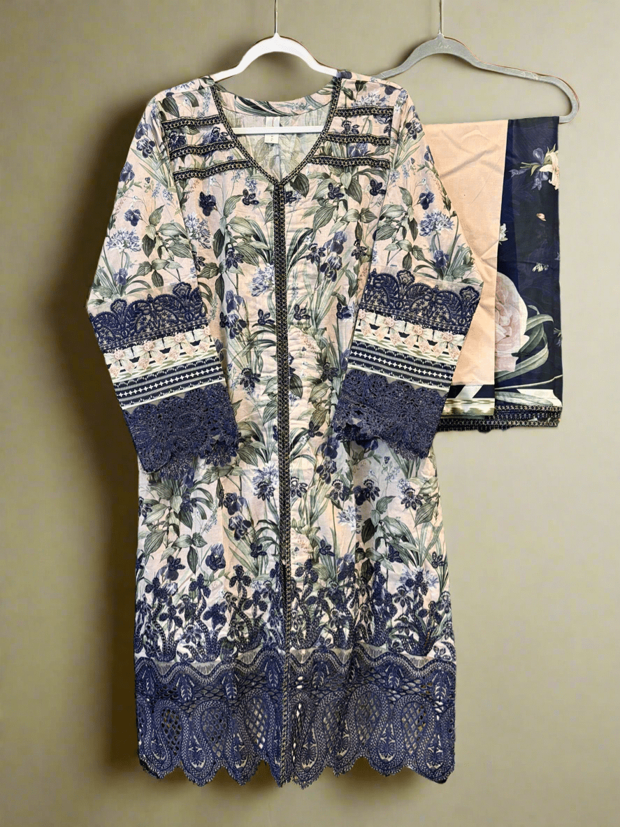 • Clothing: Embroidered/Printed suit for women - Made of best quality fabric - lawn or linen or chiffon - pure silk - Available at Najma Designs & Co. • Jewelry: Gold - plated stud earrings for