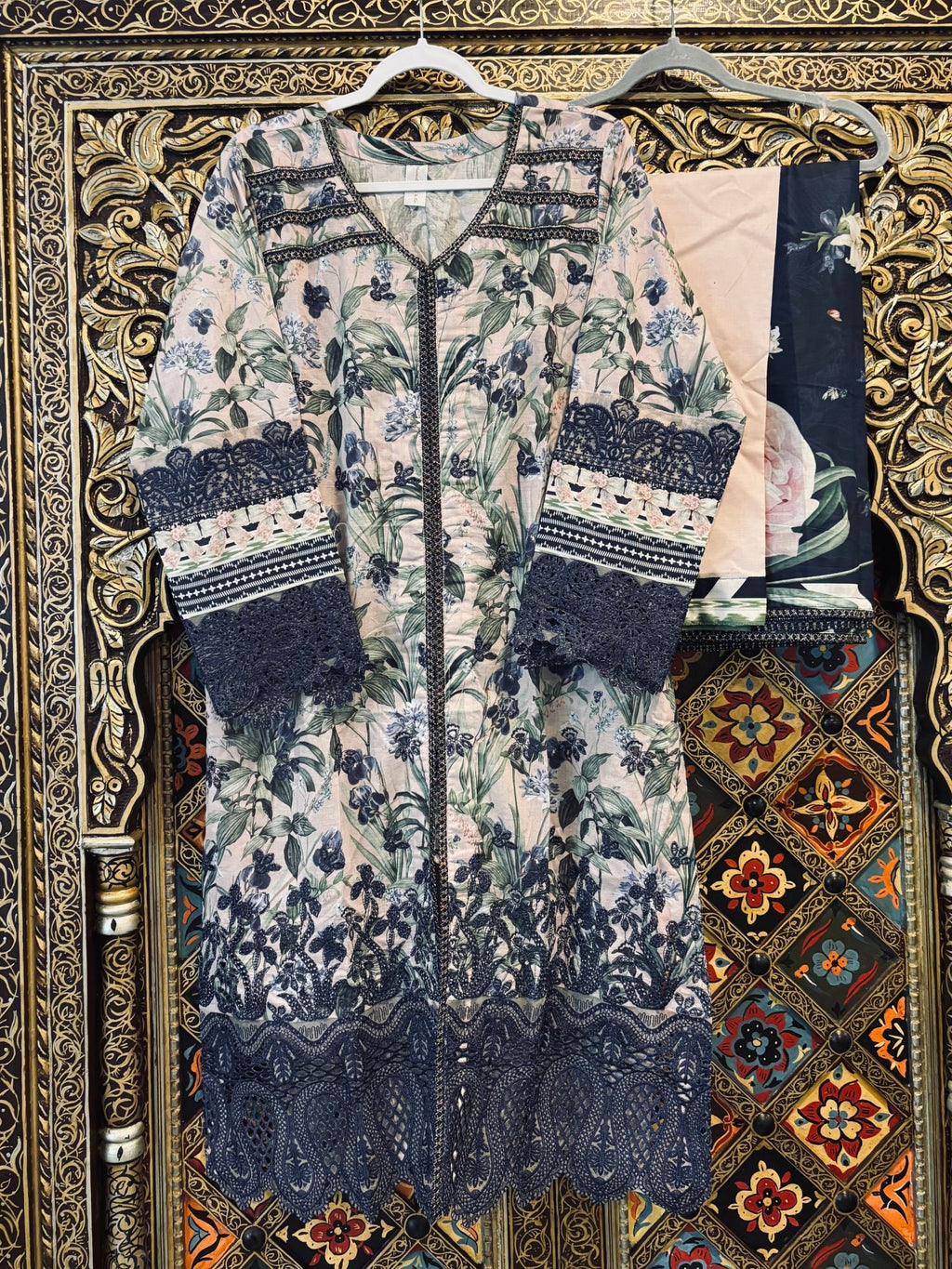 • Clothing: Embroidered/Printed suit for women - Made of best quality fabric - lawn or linen or chiffon - pure silk - Available at Najma Designs & Co. • Jewelry: Gold - plated stud earrings for