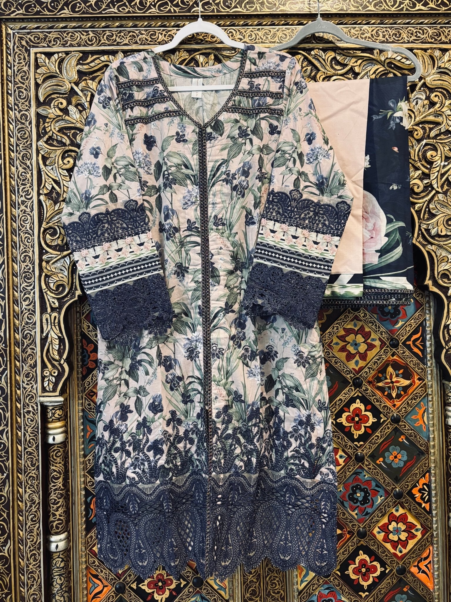 • Clothing: Embroidered/Printed suit for women - Made of best quality fabric - lawn or linen or chiffon - pure silk - Available at Najma Designs & Co. • Jewelry: Gold - plated stud earrings for