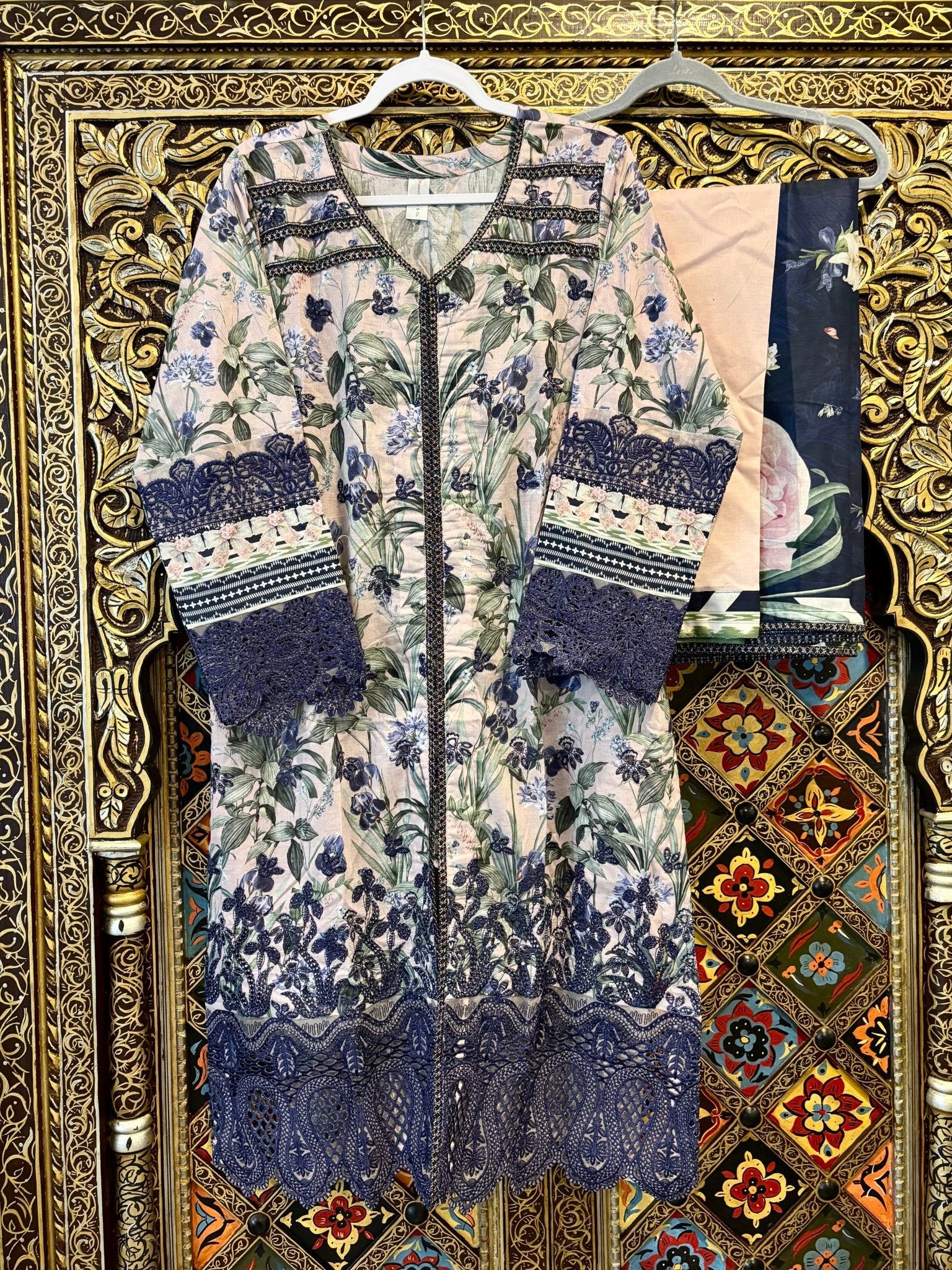 • Clothing: Embroidered/Printed suit for women - Made of best quality fabric - lawn or linen or chiffon - pure silk - Available at Najma Designs & Co. • Jewelry: Gold - plated stud earrings for