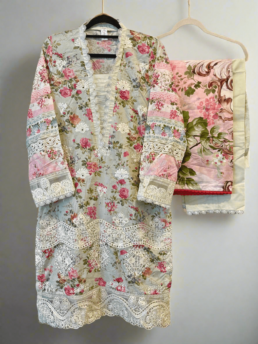 • Clothing: Embroidered/Printed suit for women - Made of best quality fabric - lawn or linen or chiffon - pure silk - Available at Najma Designs & Co. • Jewelry: Gold - plated stud earrings for