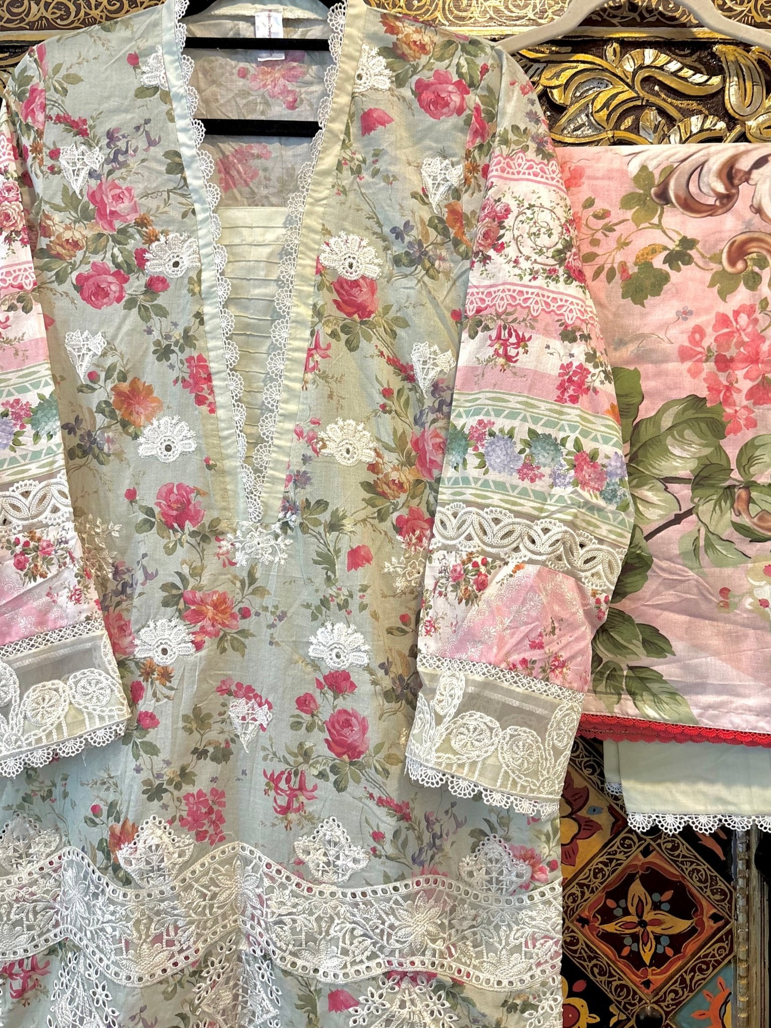 • Clothing: Embroidered/Printed suit for women - Made of best quality fabric - lawn or linen or chiffon - pure silk - Available at Najma Designs & Co. • Jewelry: Gold - plated stud earrings for