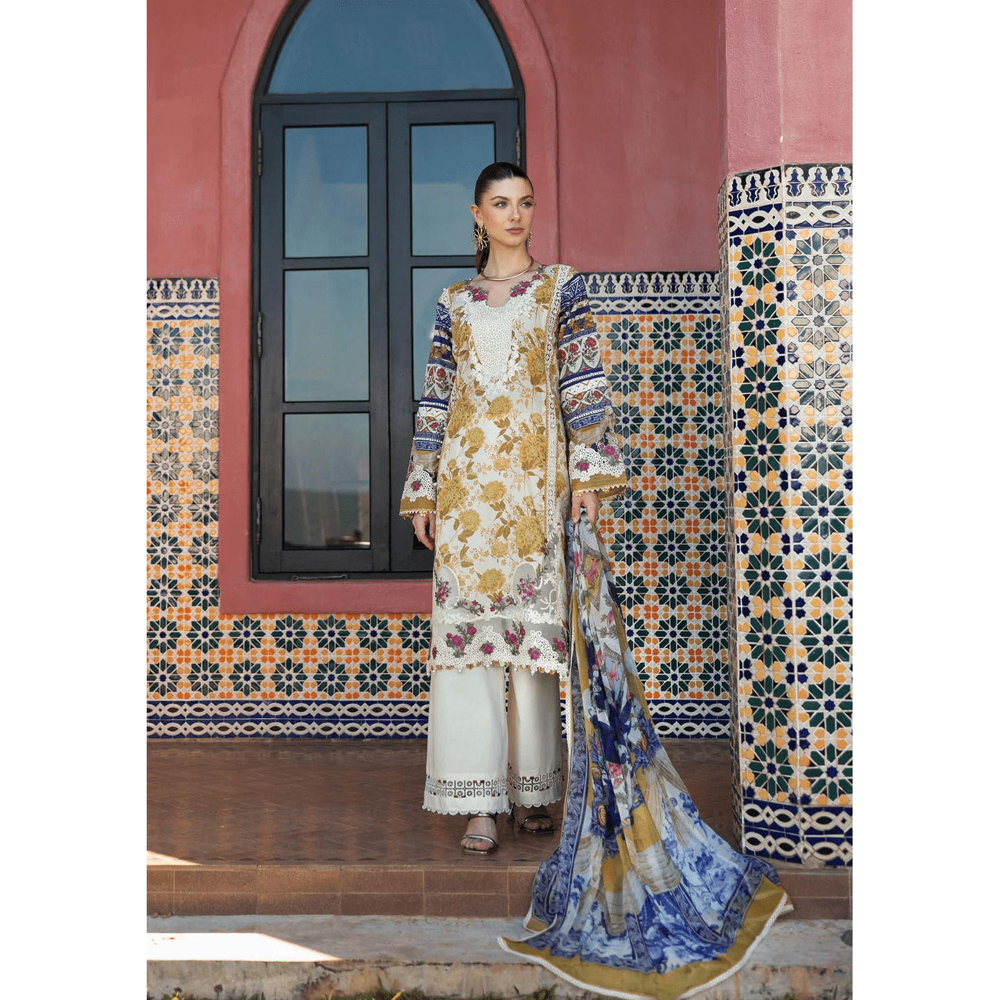 • Clothing: Embroidered/Printed suit for women - Made of best quality fabric - lawn or linen or chiffon - pure silk - Available at Najma Designs & Co. • Jewelry: Gold - plated stud earrings for
