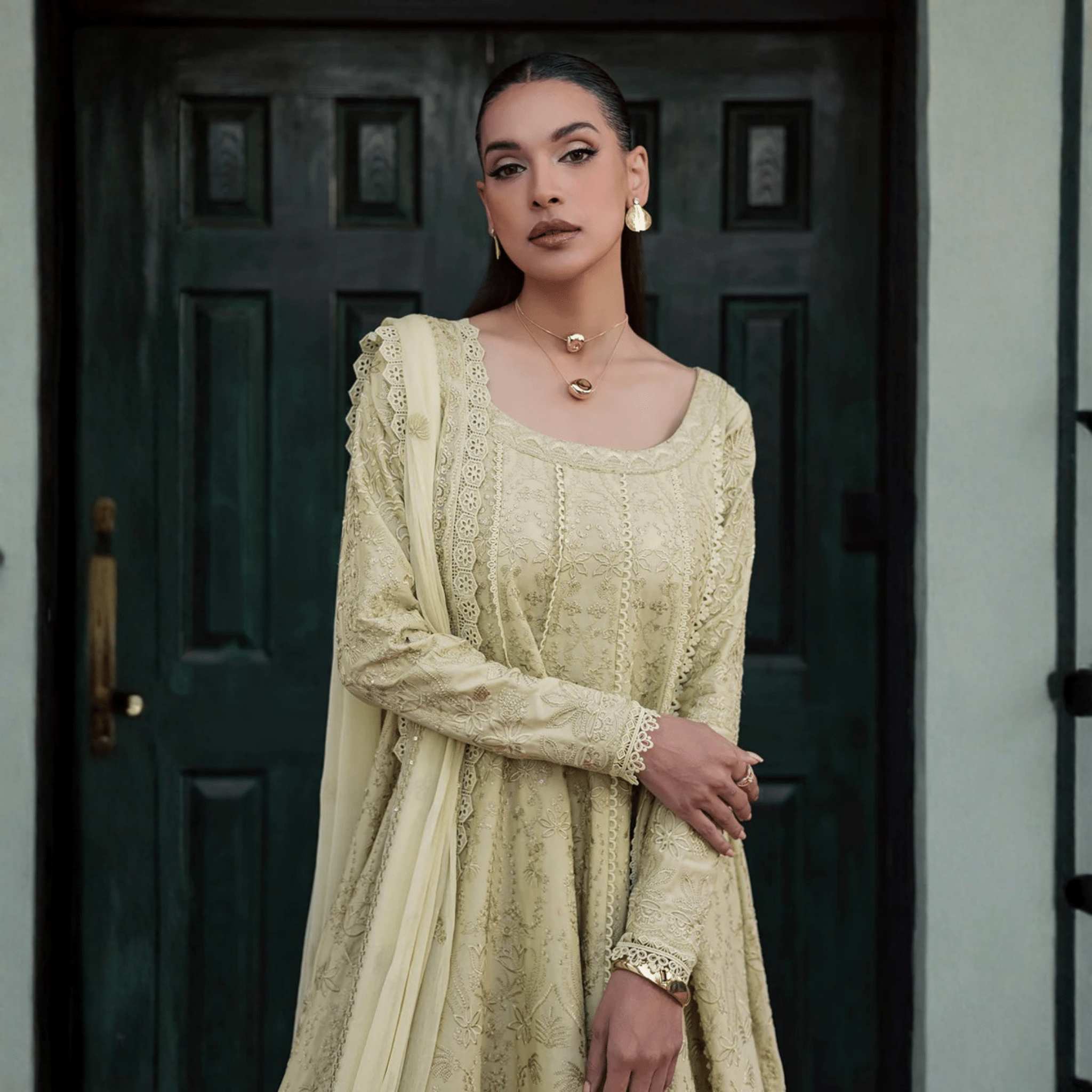 • Clothing: Embroidered/Printed suit for women - Made of best quality fabric - lawn or linen or chiffon - pure silk - Available at Najma Designs & Co. • Jewelry: Gold - plated stud earrings for