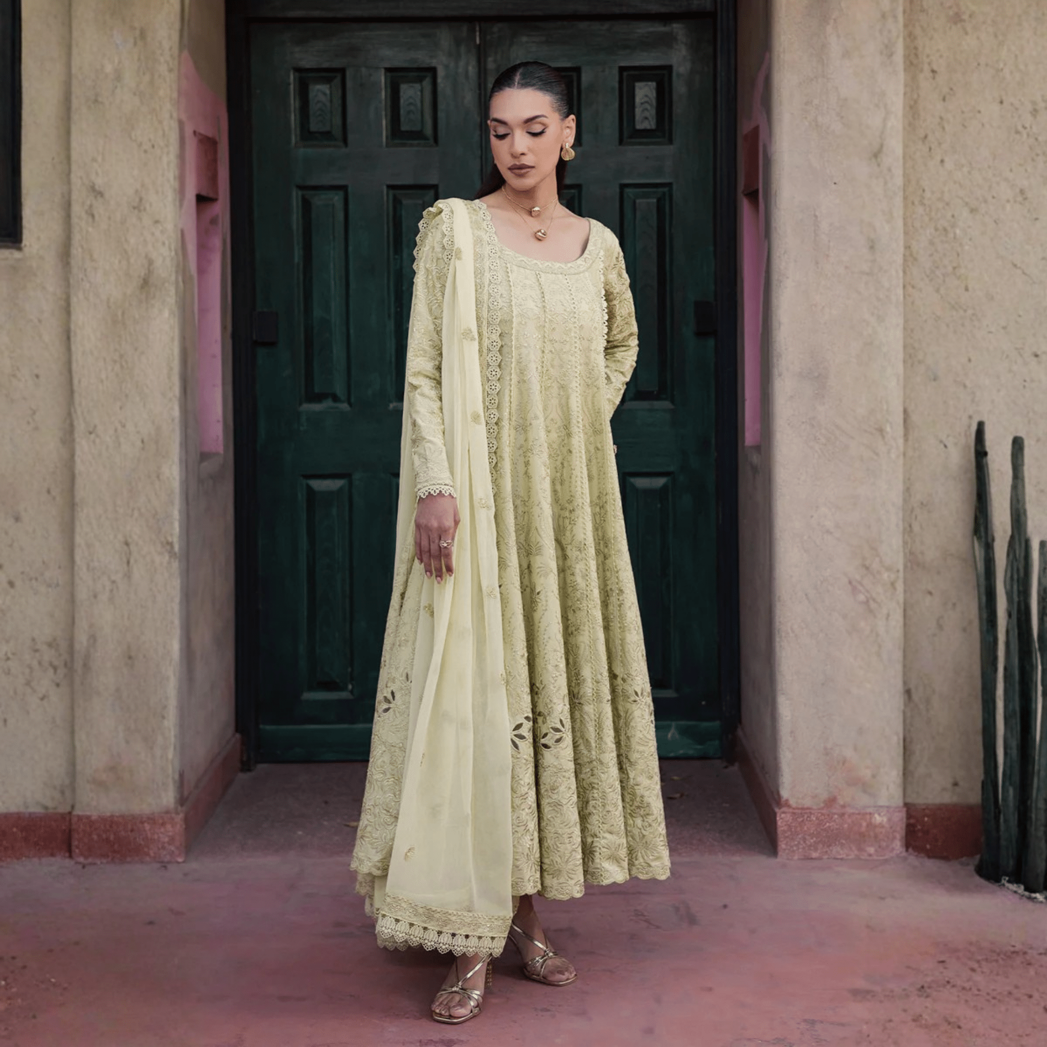 • Clothing: Embroidered/Printed suit for women - Made of best quality fabric - lawn or linen or chiffon - pure silk - Available at Najma Designs & Co. • Jewelry: Gold - plated stud earrings for