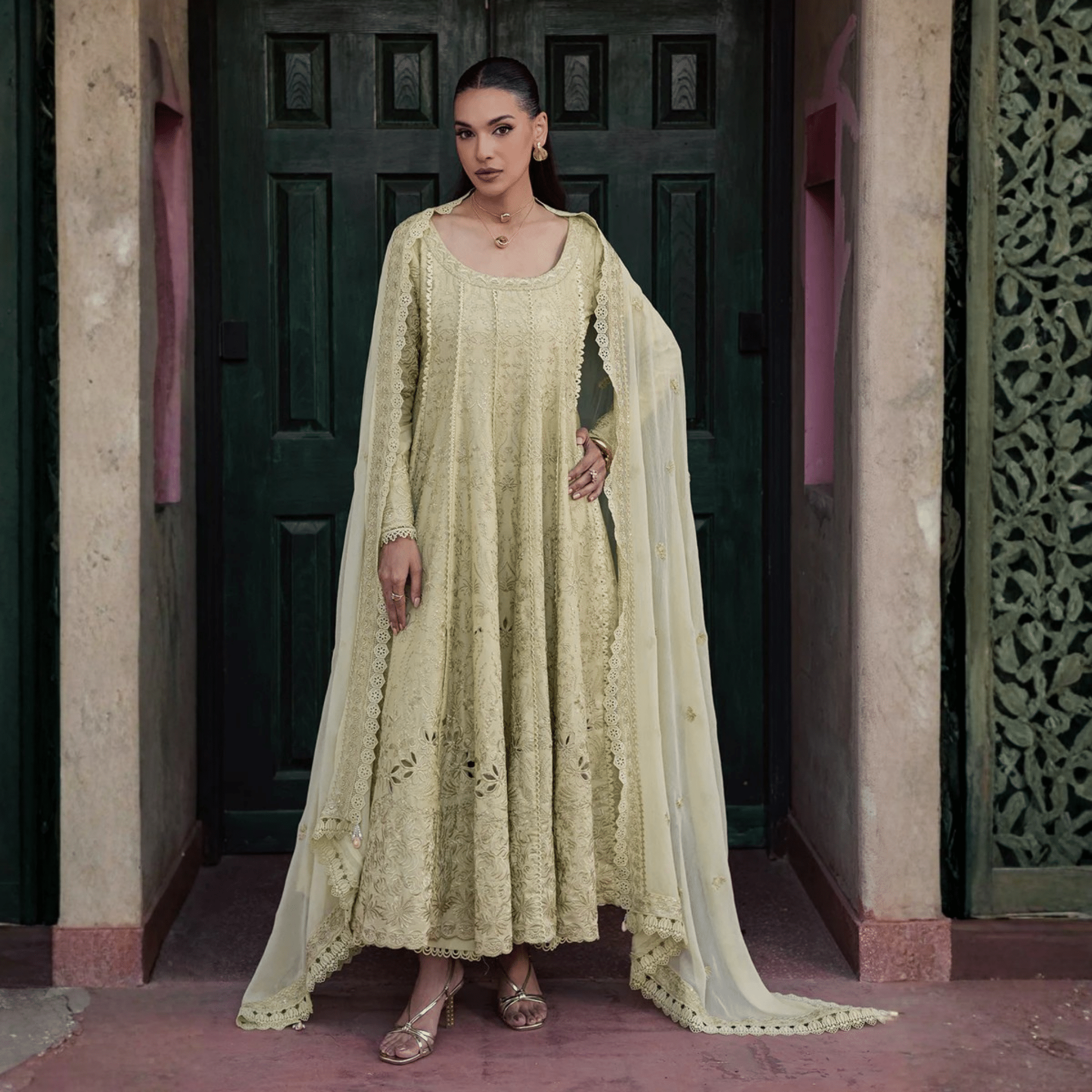 • Clothing: Embroidered/Printed suit for women - Made of best quality fabric - lawn or linen or chiffon - pure silk - Available at Najma Designs & Co. • Jewelry: Gold - plated stud earrings for