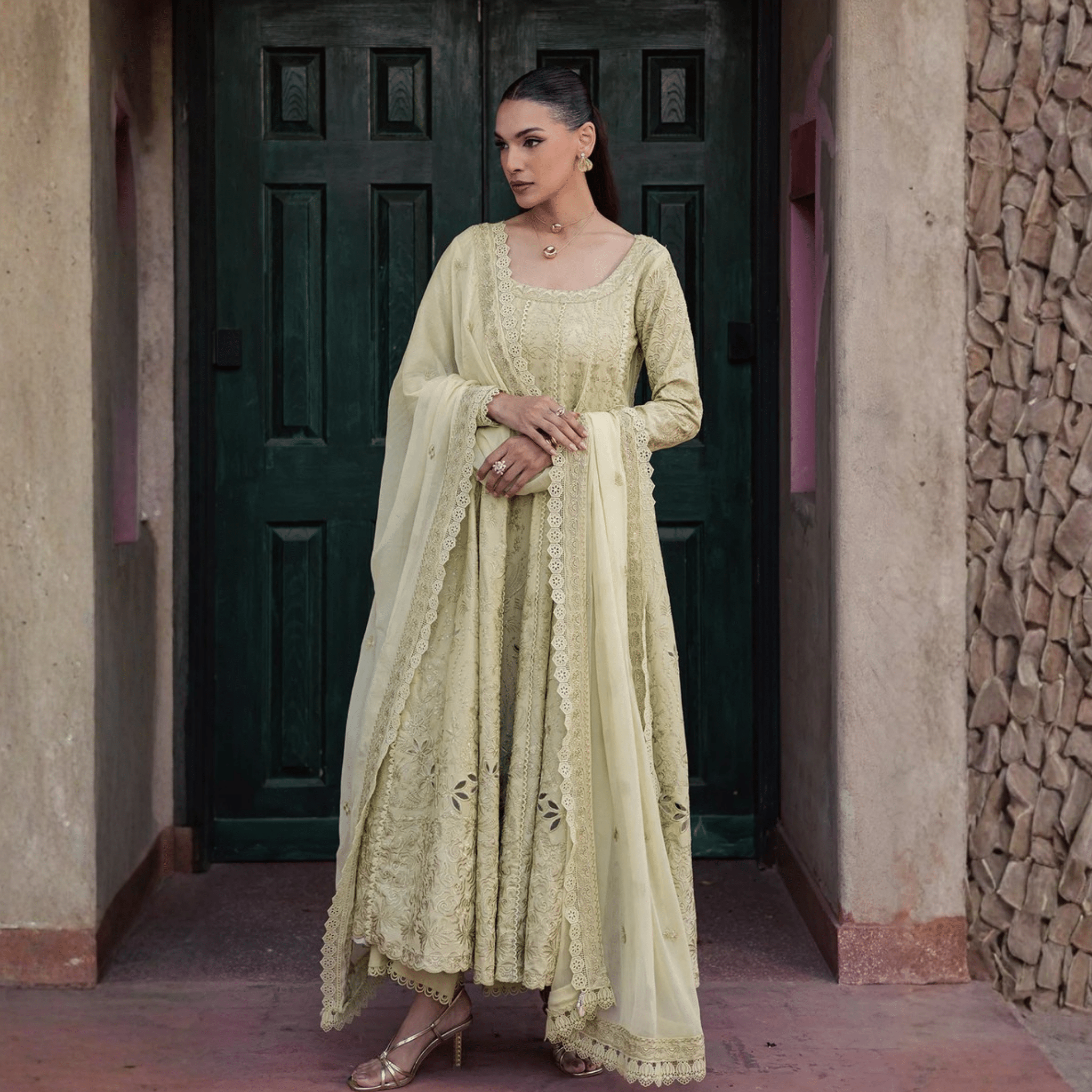 • Clothing: Embroidered/Printed suit for women - Made of best quality fabric - lawn or linen or chiffon - pure silk - Available at Najma Designs & Co. • Jewelry: Gold - plated stud earrings for