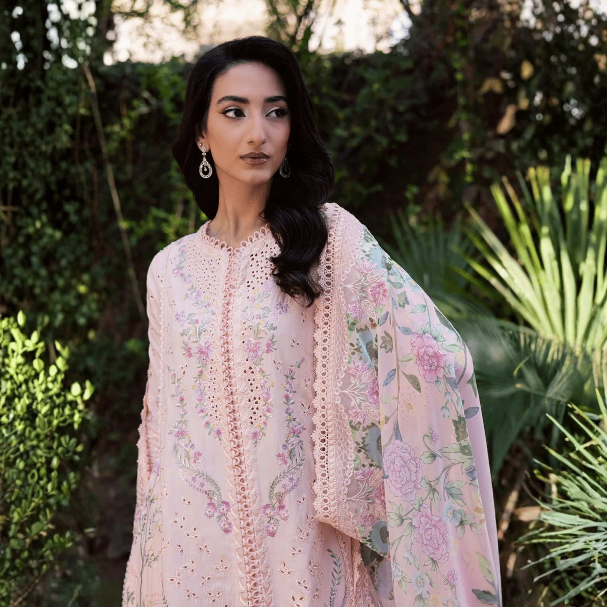 • Clothing: Embroidered/Printed suit for women - Made of best quality fabric - lawn or linen or chiffon - pure silk - Available at Najma Designs & Co. • Jewelry: Gold - plated stud earrings for