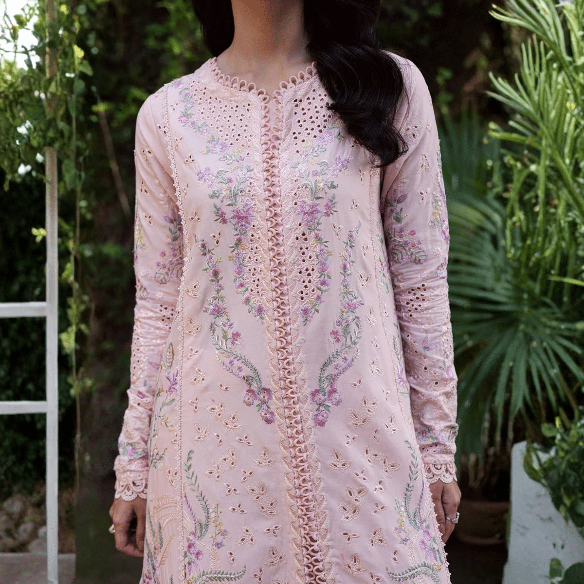 • Clothing: Embroidered/Printed suit for women - Made of best quality fabric - lawn or linen or chiffon - pure silk - Available at Najma Designs & Co. • Jewelry: Gold - plated stud earrings for