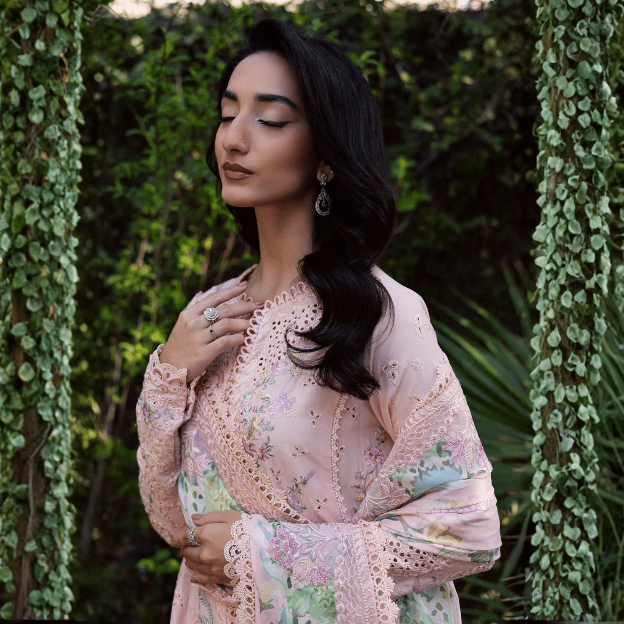 • Clothing: Embroidered/Printed suit for women - Made of best quality fabric - lawn or linen or chiffon - pure silk - Available at Najma Designs & Co. • Jewelry: Gold - plated stud earrings for