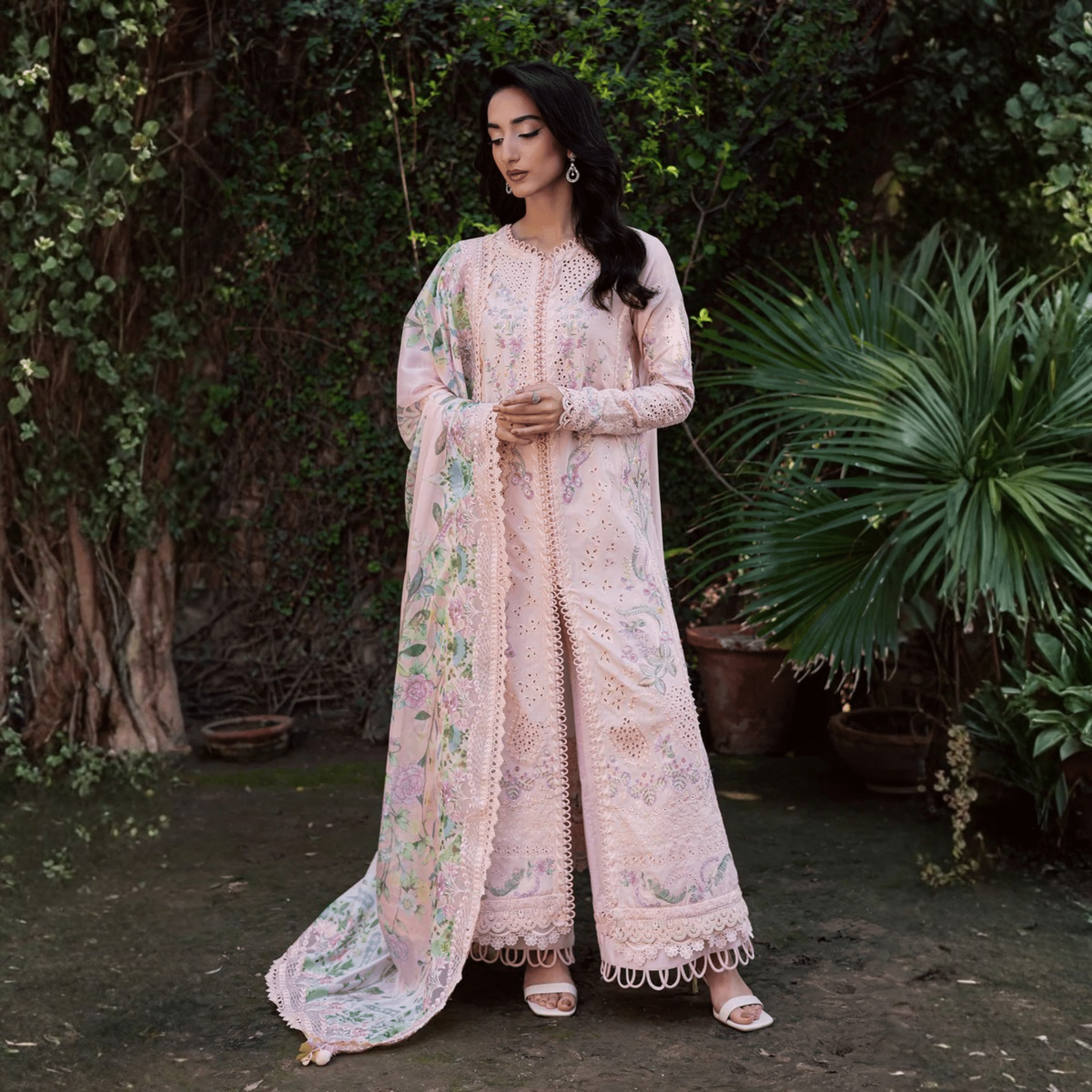 • Clothing: Embroidered/Printed suit for women - Made of best quality fabric - lawn or linen or chiffon - pure silk - Available at Najma Designs & Co. • Jewelry: Gold - plated stud earrings for